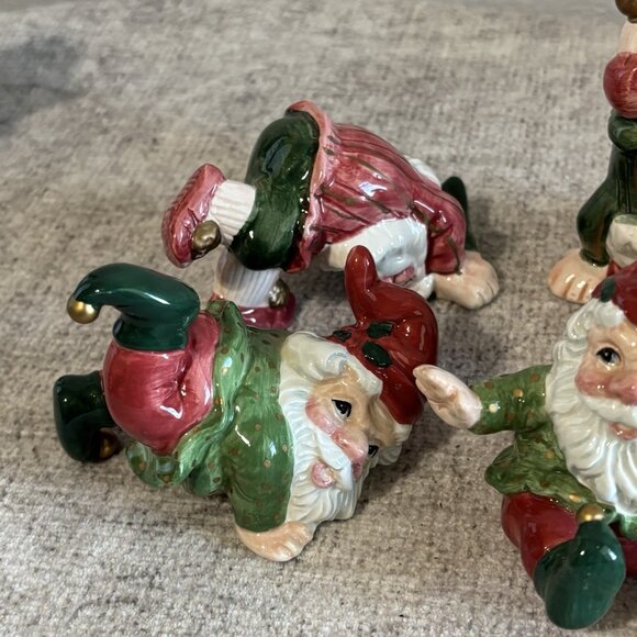 Tumbling Elves Set of 5 Santa Figurines Christmas Ceramic Decor Fitz & Floyd - Picture 2 of 10